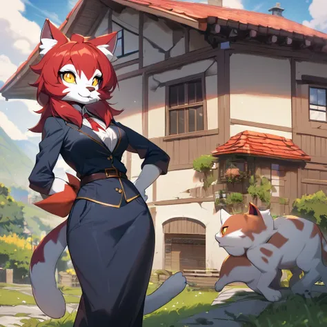 1girl,solo,furry, furry_female,Mature female,cat humanoid,red hair,Yellow eyes,tall person,tall stature,slender,looking at viewer,very near,house