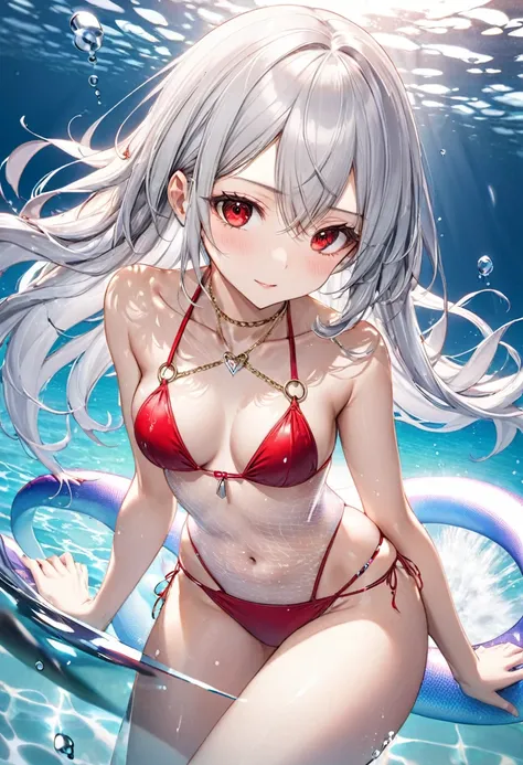 (pov Swimwear style) (beautiful body), (solo:2, 16 yo, hime cut silver hair hair long hair divine fighter girl, cool red eyes, serious make up face, medium tits), (in a Crystalline detailed Flared bikini swimsuit, detailed Gradation body chain), break, in ...