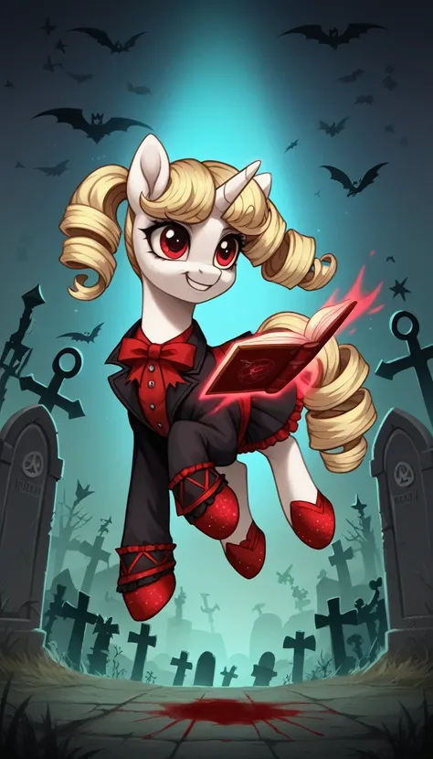 score_9,score_8_up,score_7_up,score_6_up, filly, unicorn, white fur, curly blonde hair, cute twintails, red eyes, Gothic pony, cute lolita fashion, glowing backlight, fashion show, graveyard, glitter, whimsical, enchanted, magical, fantasy art concept, int...