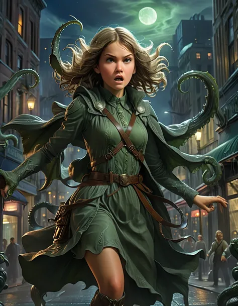 close-up, John Stephens art style, detailed, sci-fi fantasy, surreal, weird, night in city, The Call of giant Cthulhu, girl battling, 