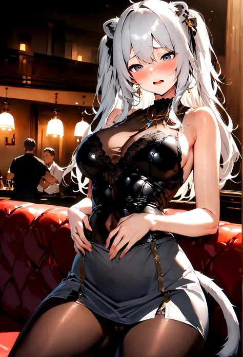 NSFW,masterpiece,Highest quality,High resolution,Super detailed,Shishirabotan(Hololive),Long Hair、Two Side Up、Earrings、Lion&#39;s Tail,necklace、Black Shirt、Sleeveless shirt、abdomen、See-through、Grey Skirt、片足pantyhose、pantyhose、Off the shoulder,Black sexy pa...