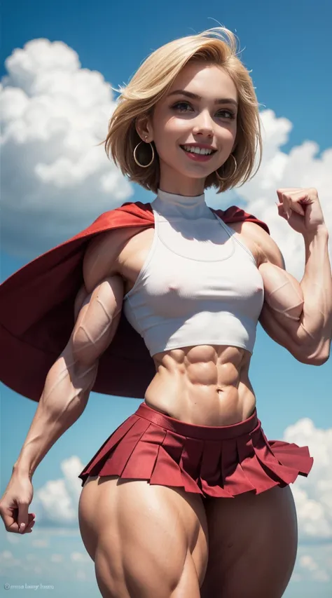 (Muscular:2), (thick thighs:2),
(blonde female:1.3), supergirl, (big smile:1.4), (android 18 haircut),
earrings, lipstick, eyeshadow,
(hard nipples),
(small red cape:1.3), (pleated skirt:1.6), (tanktop, midriff:1.2), choker,
(looking at viewer:1.7), three ...