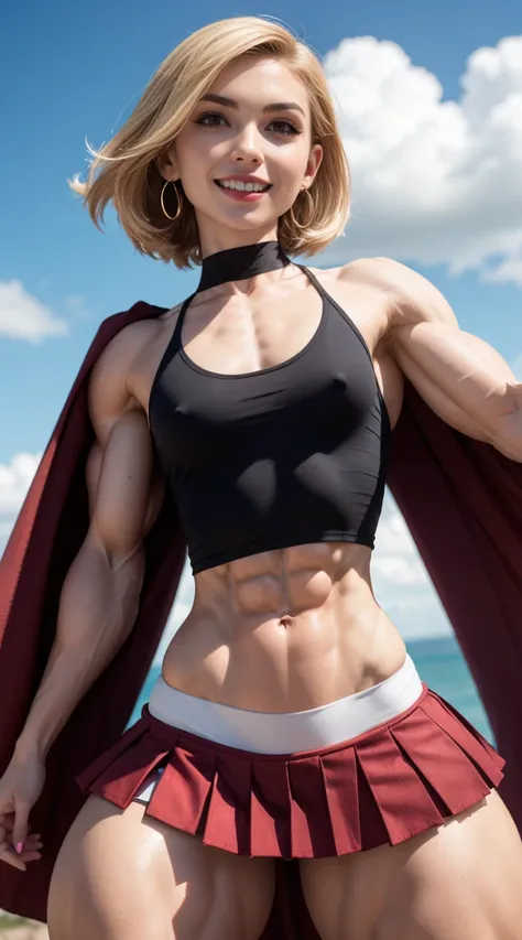 (Muscular:2), (thick thighs:2),
(blonde female:1.3), supergirl, (big smile:1.4), (android 18 haircut),
earrings, lipstick, eyeshadow,
(hard nipples),
(small red cape:1.3), (pleated skirt:1.6), (tanktop, midriff:1.2), choker,
(looking at viewer:1.7), three ...