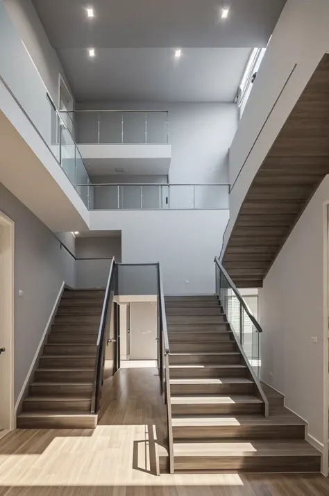 Entrance with wide staircase about 5 meters full wide  without partition and more the 15 stairs with grey shades and ceiling lights