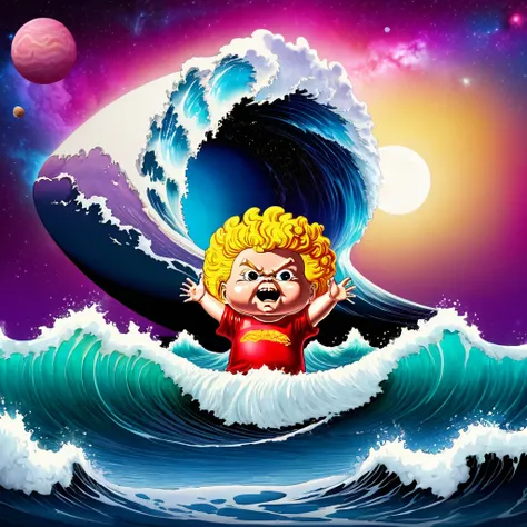 ((beautiful waves curling up on the bottom right side, the rest of the image is blank with white, garbage pail kids style)), galaxy, 3d cartoon, high quality, detailed,