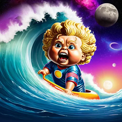 ((beautiful waves curling up on the bottom right side, the rest of the image is blank with white, garbage pail kids style)), galaxy, 3d cartoon, high quality, detailed,