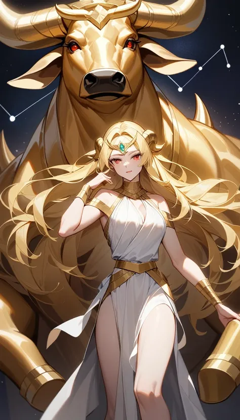 （Huang Li、high quality、Extremely detailed），Constellation - Taurus goddess，Giant golden bull，Woman stroking Taurus，Similar to Latin goodness，brave，capricious，Productivity，The face of enterprising and humanitarianism，Blonde hair，Ancient Greek costumes、Wrap D...