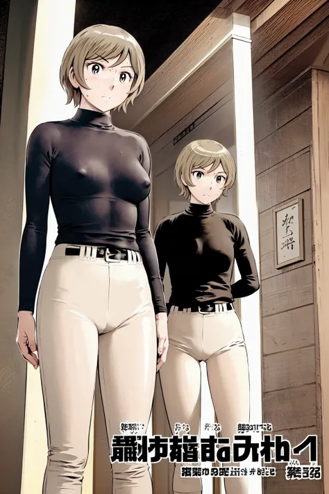 (野球uniform:1.2),
Blonde, (short hair:1.2),Long sleeve, Black Shirt, turtleneck,White trousers、uniform、Black belt、((Illustration of a person))、big 、
View your viewers,, (Highest quality:1.3),One Girl, White pants、uniform、Outdoor、baseball ground、ground、soil、...