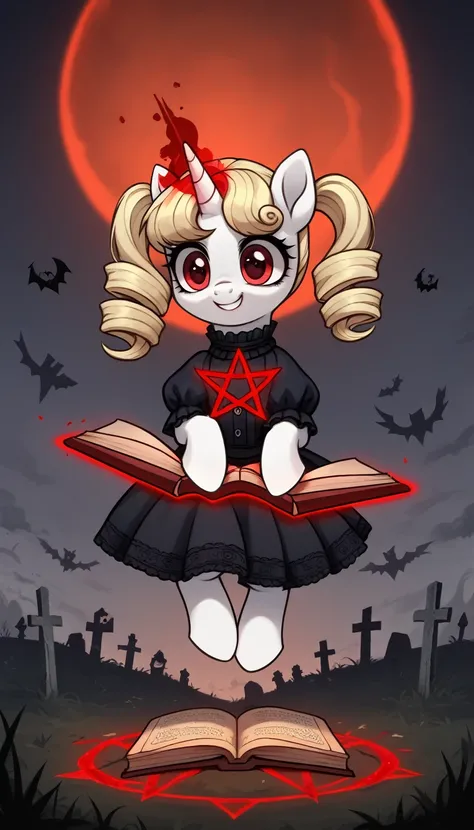 score_9,score_8_up,score_7_up,score_6_up, filly, unicorn, white fur, curly blonde hair, cute twintails, red eyes, Gothic pony, cute lolita fashion, glowing backlight, fashion show, graveyard, glitter, whimsical, enchanted, magical, fantasy art concept, int...