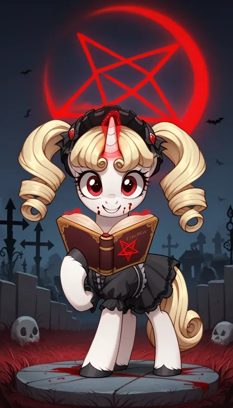 score_9,score_8_up,score_7_up,score_6_up, filly, unicorn, white fur, curly blonde hair, cute twintails, red eyes, Gothic pony, cute lolita fashion, glowing backlight, fashion show, graveyard, glitter, whimsical, enchanted, magical, fantasy art concept, int...