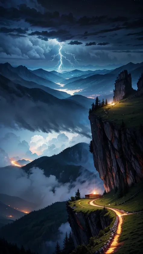 High mountain top，Looking down，Thunder and lightning，Stormy weather，Spectacular，Shock。