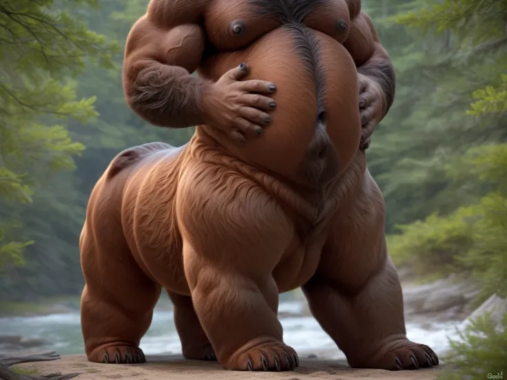 furry, fur taur, beartaur, middle-age, solo, detailed face, bear ears, bear eyes(brown), bear nose(black), bear mouth, garibaldi beard(grey), mature hair(grey), detailed arms, thick arms, muscular, thick hands(5 fingers), detailed body belly, thick body, m...