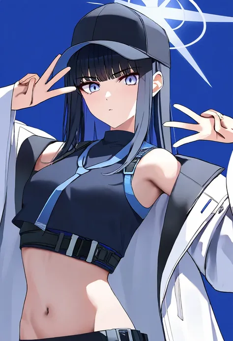 1girl, saori (blue archive), blue archive, hara kenshi, kuse (0201), kashu (hizake), (wlop:0.8), (liaowen, difman, wonbin lee:1.1), solo, medium breasts, blue eyes, black hair, long hair, crop top, sleeveless shirt, black shirt, baseball cap, black headwea...