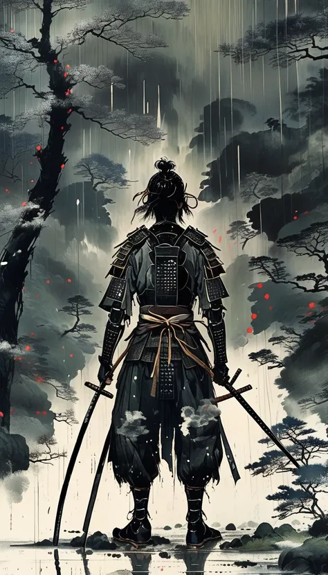 A samurai warrior in a dark, gloomy forest, standing in a defensive stance with katana drawn, wearing traditional Japanese armor, rain falling in the background, dramatic lighting, moody, cinematic