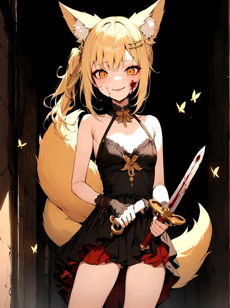 (masterpiece, best quality) junior,detailed, (beautiful,small breasts), blonde,long hair, side ponytail(tied to the left),Hairpin decoration with gold butterfly, elegant, (fox ears),nine tailed fox tail, red eyeshadow, golden eyes, femur，dark background,Al...