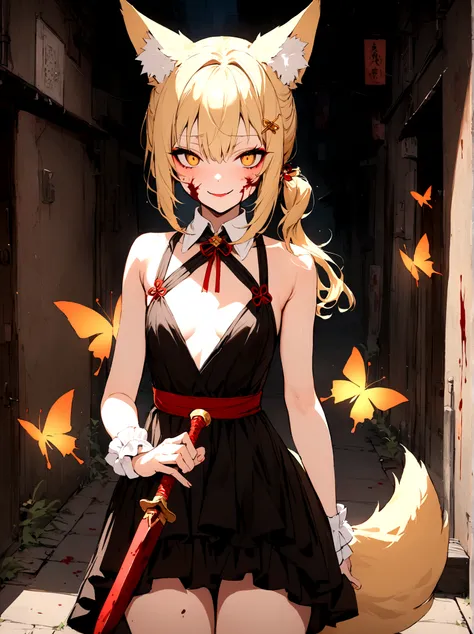 (masterpiece, best quality) junior,detailed, (beautiful,small breasts), blonde,long hair, side ponytail(tied to the left),Hairpin decoration with gold butterfly, elegant, (fox ears),nine tailed fox tail, red eyeshadow, golden eyes, femur，dark background,Al...