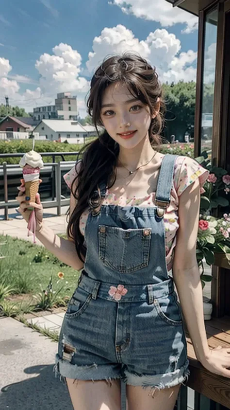 masterpiece,best quality, 1girl,solo,haru urara,overalls,overall shorts,flower-shaped pupils,,pink shirt,holding ice cream,(horse tail:0.6),smile,open mouth,cloudy, 