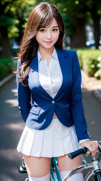 Ultra-high resolution，RAW Photos，Highly detailed skin and face，Highly detailed hair texture，Fine skin，Highly detailed eyes，Highly detailed lips，(((ride a bicycle+Straddle the saddle+Pedaling)))，Japanese girl，18-year-old，(Blue Blazer Uniform+Blue pleated mi...