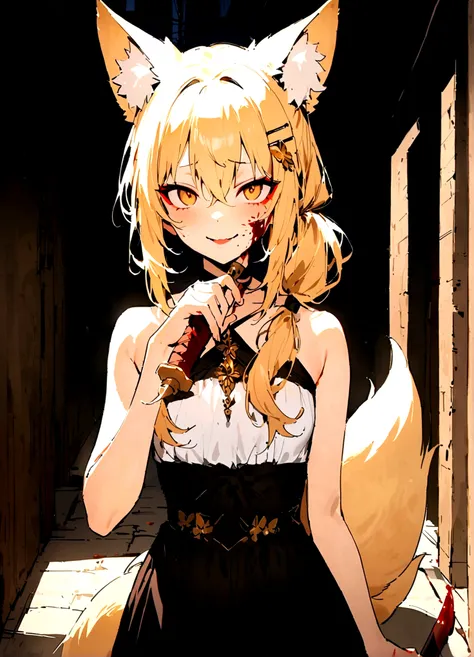 (masterpiece, best quality) junior,detailed, (beautiful,small breasts), blonde,long hair, side ponytail(tied to the left),Hairpin decoration with gold butterfly, elegant, (fox ears),nine tailed fox tail, red eyeshadow, golden eyes, femur，dark background,Al...