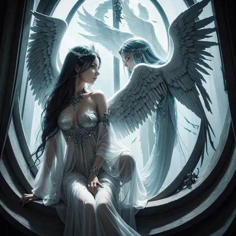 a woman with mystical looking wings, wearing a flowing and transparent dress, this woman sat on the edge of a window frame decorated with intricate carvings and two statues of angels, below the window, there was a pile of skulls and bones, adding a chillin...