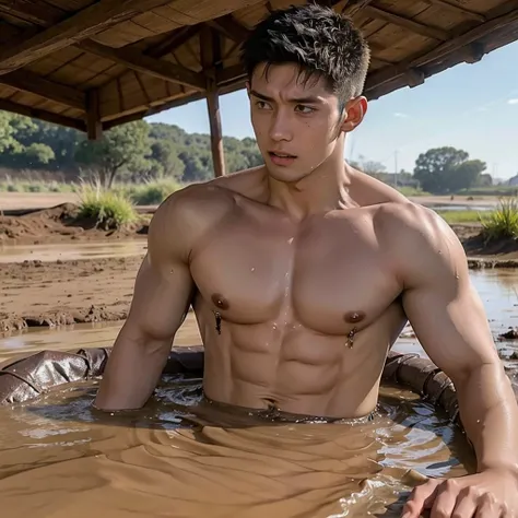 shirtless muscular man, sinks in a mud pit down to his shoulders, mud smudged on his toned chest and face to emphasize context of struggling to get out of the mud pit, determined face expression, 