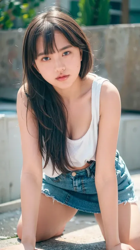 Open shirt, (((Leaning forward))), ((,Round face, Around 17 years old,mini skirt、A loose-fitting tank top)),  Long Hair, , Natural Makeup, Lips become thicker, Sexy Gaze, barefoot, ((Raise one leg)),  Shooting from below,Gentle expression ,((Extremely prec...