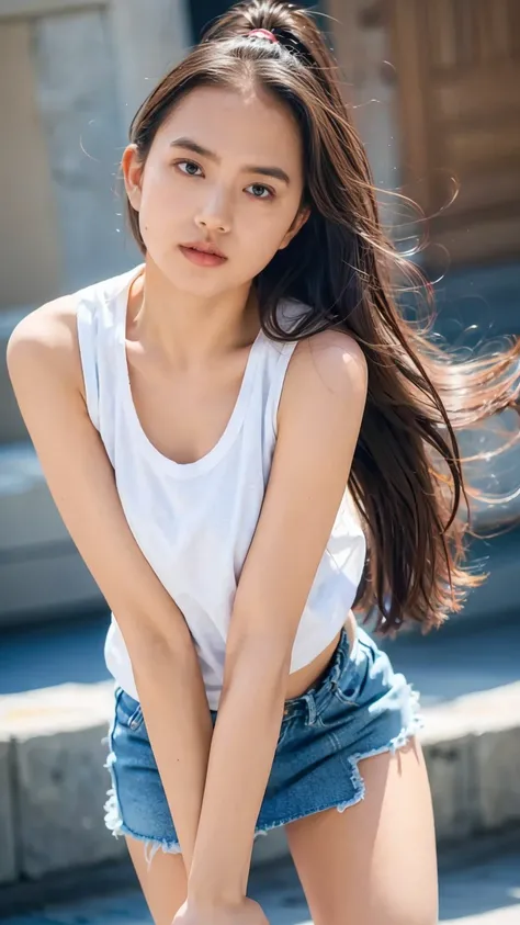 Open shirt, (((Leaning forward))), ((,Round face, Around 17 years old,mini skirt、A loose-fitting tank top)),  Long Hair, , Natural Makeup, Lips become thicker, Sexy Gaze, barefoot, ((Raise one leg)),  Shooting from below,Gentle expression ,((Extremely prec...