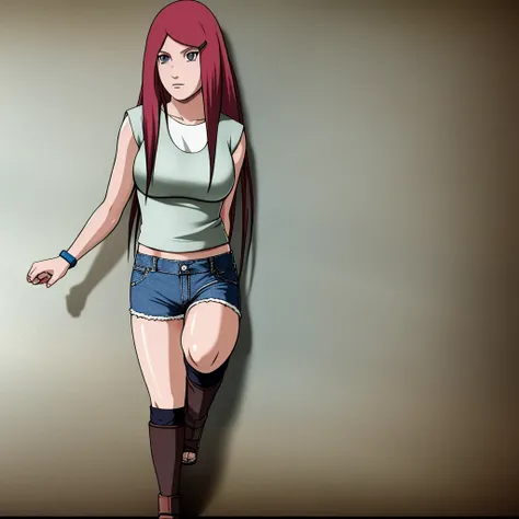 uzumaki_kushina, large_breasts, standing, solo, denim_shorts,, masterpiece, best quality, detailed face, detailed eyes, highres,