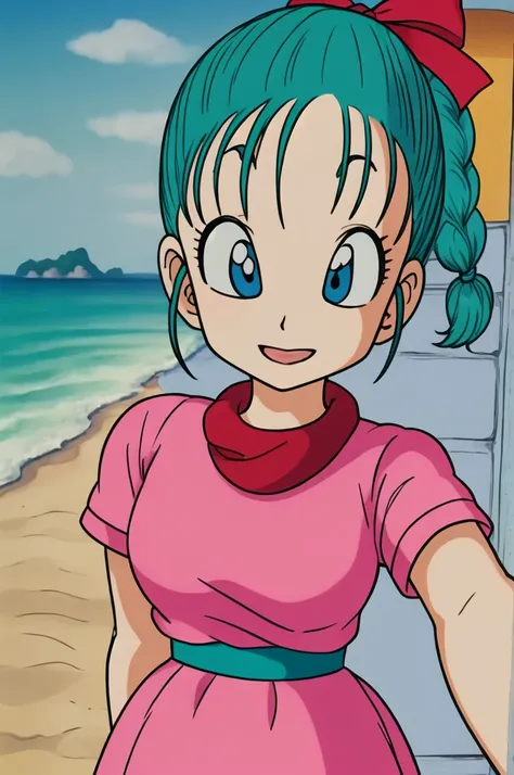 masterpiece, bulma, 1 girl solo, aqua hair, blue eyes,   braid, ponytail, pink dress, selfie, kamehouse, beach, ecchi, sexy