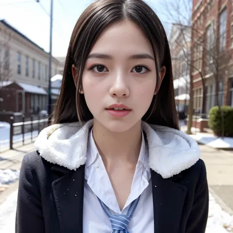 ExtremelyDetailed KAWAII SchoolGirls standing in (Sparkling snow dust), Stunning detailed eyes with (Sparkling Highlights:1.28), beautiful detailed lips, extremely detailed eyes and face, double eyelids with Detailed Long Eyelash, rosy cheeks, Radiant Pear...