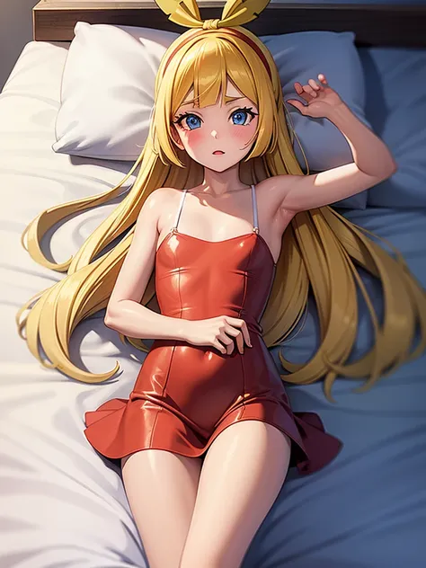 lillie(pokemon), red nightie, lying on bed, long hair, nude