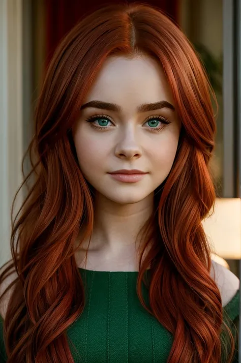 Actress Sabrina Carpenter , with red hair and green eyes