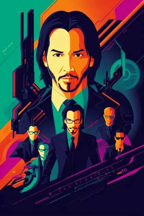 matrix keanu reeves (tio nerd ) . digital artwork by tom whalen, bold lines, vibrant, saturated colors