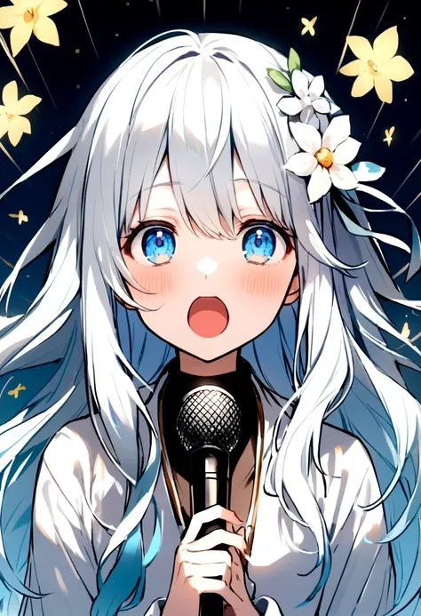 White Hair、semi-long、Grating、White flower hair ornament on the right、Blue eyes、singing、Girl