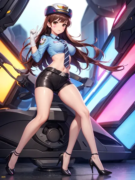 officer dva, solo girl, medium breast, wide hips, thighs, full body, high heels