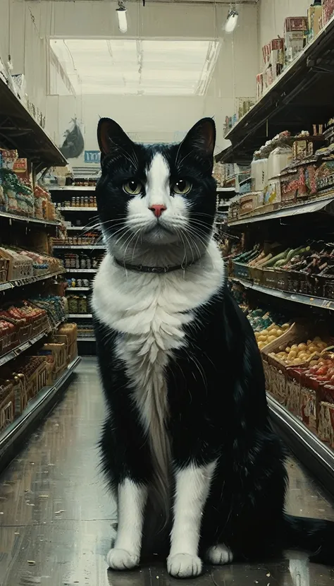 close up of a grocery store with a black and white cat staring from far in the distance