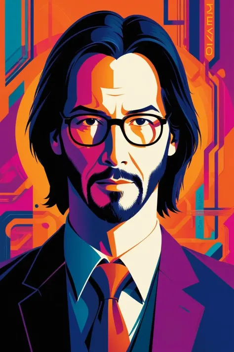 matrix keanu reeves (tio nerd ) . digital artwork by tom whalen, bold lines, vibrant, saturated colors