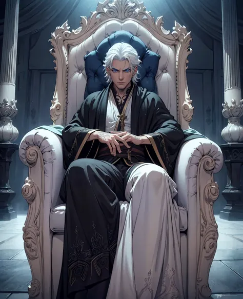 a young man with white hair sitting on a throne, expressive and serious look, beautiful detailed blue eyes, photorealistic, cine...