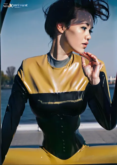 asian woman with curly hair in black and yellow voyunf uniform ,on a starship