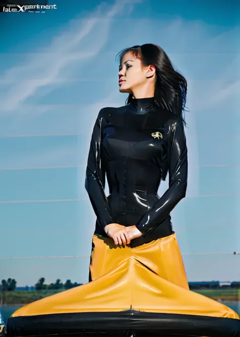 asian woman with curly hair in black and yellow voyunf uniform ,on a starship