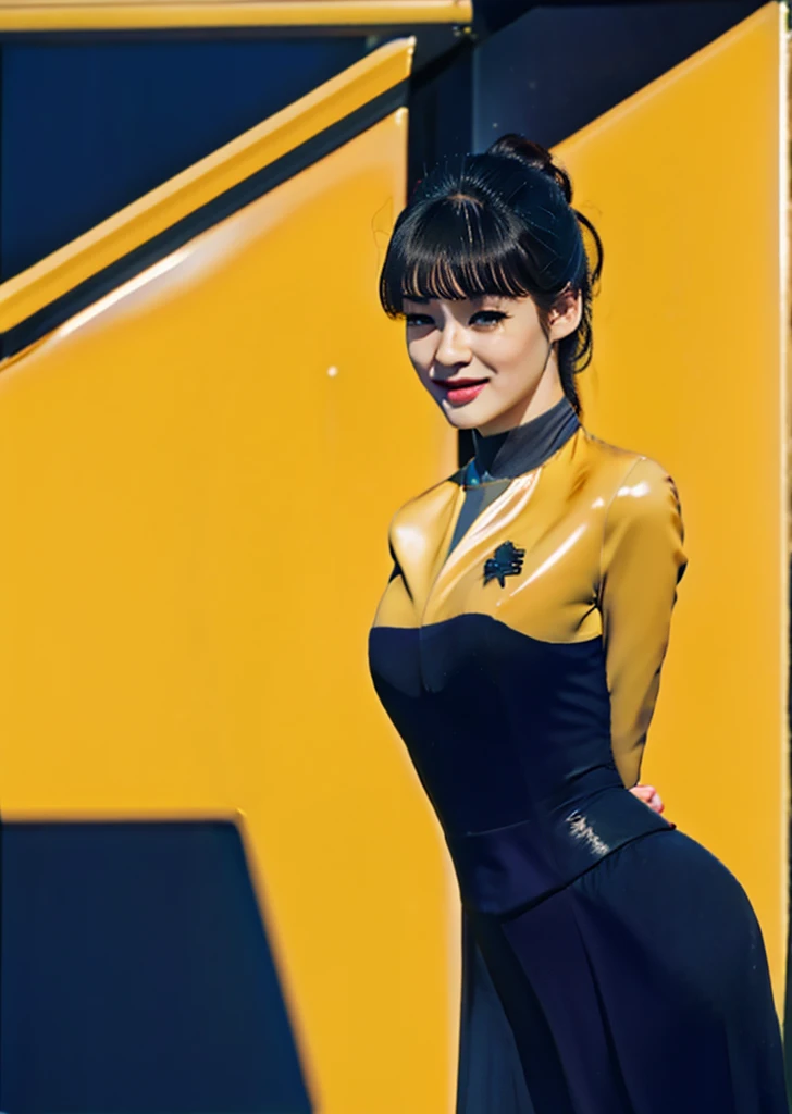 asian woman with curly hair in black and yellow voyunf uniform ,on a starship