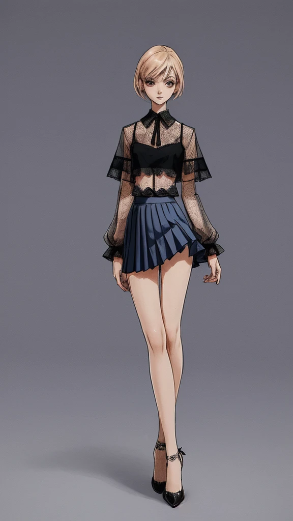 croquis desing, slim figure, wearing a vivid pleated skirt and a sheer lace blouse,