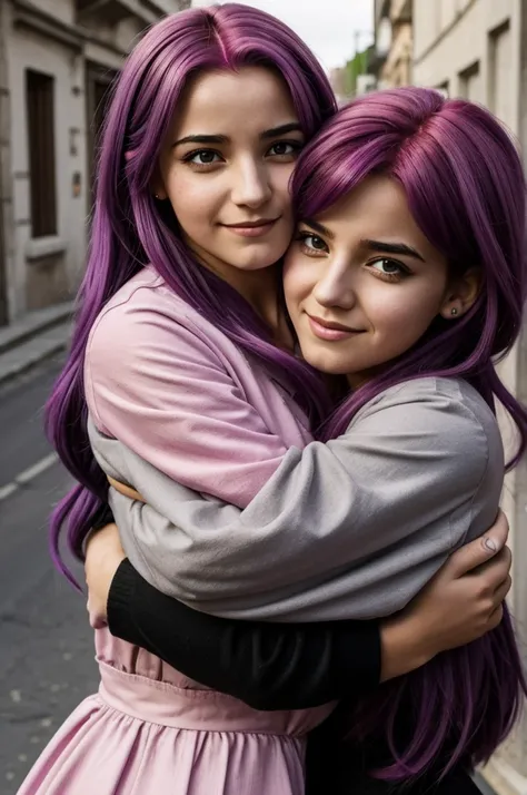 A girl with magenta hair and gray eyes, hugging the character from the game twisted wonferland Lilia Vanrouge when he was a general in his youth 