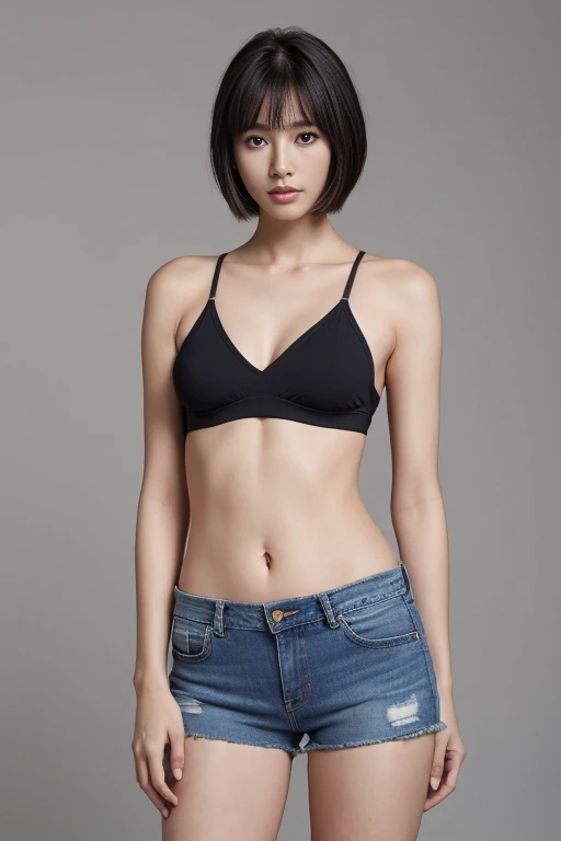 (color picture), Realistic photos of beautiful Asia.、Slender stomach, (B Cup Haircut Highlights:1.2), medium sized breast, round chest, perfect breasts,(( )),((Jean Shorts, and black underwear)), (()), As she confidently poses in front of the camera, , stu...