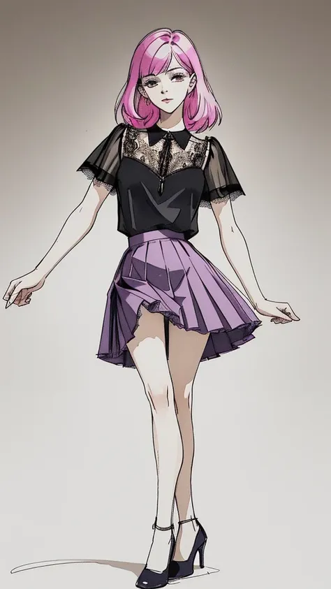 Croquis desing, Wearing a vivid pleated skirt and a sheer lace blouse, long legs