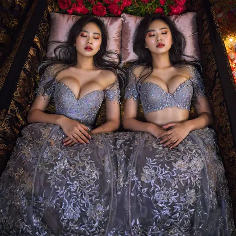 In a striking 8K HDR scene, a stunning Korean woman, 22 years old, lies peacefully in a black coffin surrounded by plush pillows. The deep box is set against a rich black background, accentuating the beauty of the subject. Her exquisite kebaya attire is em...