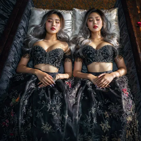 In a striking 8K HDR scene, a stunning Korean woman, 22 years old, lies peacefully in a black coffin surrounded by plush pillows. The deep box is set against a rich black background, accentuating the beauty of the subject. Her exquisite kebaya attire is em...