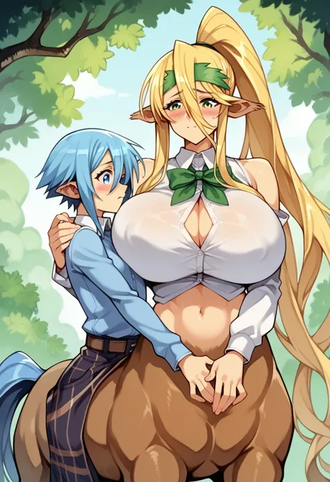 score_9, score_8_up, score_7_up, score_6_up, score_5_up, score_4_up, (source_anime), 2girls, monster musume no Iru Nichijou, (papi from monster musume,girl, blue hair, Short hair, Little kid girl body, small breasts), (Centorea, Blonde, Centaur, massive br...