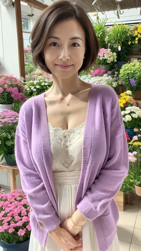 born, Highest quality, High resolution, (masterpiece: 1.3), Body Shot, Cute Japanese women, masterpiece, Curved body, Big Breasts, Cute face, Light Skin, Fair skin, Cute eyes, Elegant smile, Light makeup, stand in front of a flower shop, Feminine gestures,...