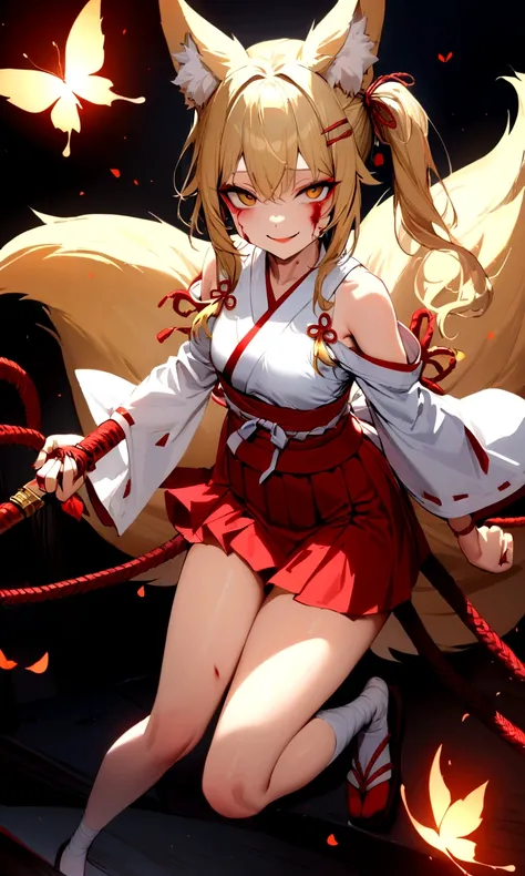 (masterpiece, best quality) junior,1girl,detailed, (beautiful,small breasts), blonde,long hair, side ponytail(tied to the left),Hairpin decoration with gold butterfly, elegant, (fox ears),nine tailed fox tail, red eyeshadow, golden eyes, femur，dark night s...